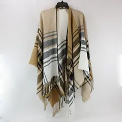 Mud Pie Women's Tan Black White Plaid Fringe Poncho One Size