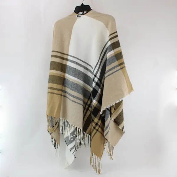 Mud Pie Women's Tan Black White Plaid Fringe Poncho One Size