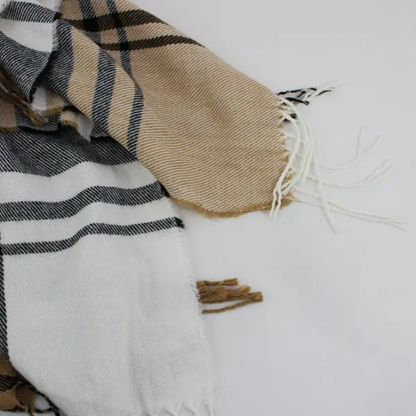 Mud Pie Women's Tan Black White Plaid Fringe Poncho One Size