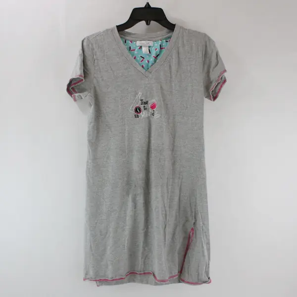 Rene Rofe Women's Sleepwear Dress Gray M V-Neck Embroidered Time to Un-Wine-d
