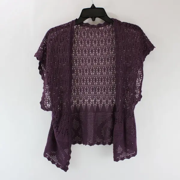 Purple Crochet Open Front Short Sleeve Lightweight Cardigan Sz S