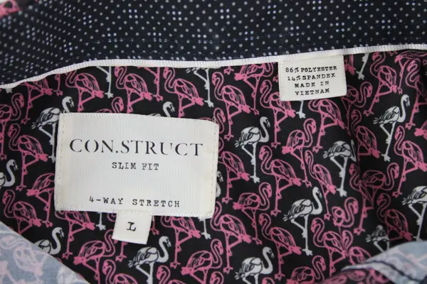 Con.Struct Men's L Slim Fit 4-Way Stretch Flamingo Print Short Sleeve Button Up 