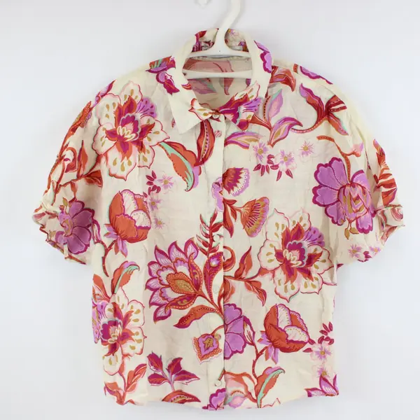 MNG Women's Floral Button Down Shirt Short Sleeve Beige Pink 4(S)