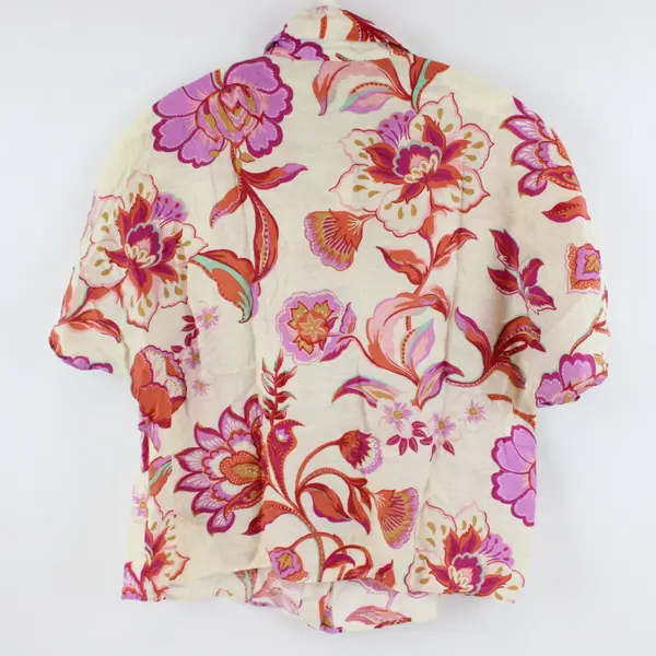 MNG Women's Floral Button Down Shirt Short Sleeve Beige Pink 4(S)