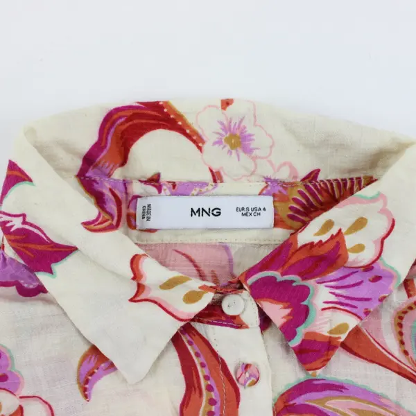 MNG Women's Floral Button Down Shirt Short Sleeve Beige Pink 4(S)