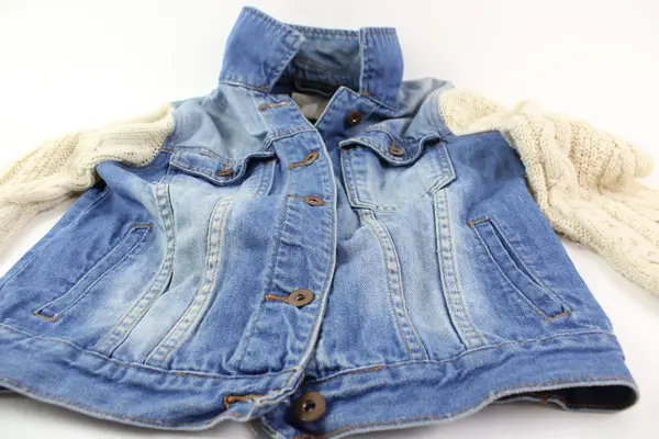 Forever 21 Women's Small Blue Denim Jacket Cream Cable Knit Sleeves