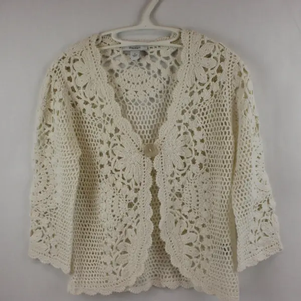 Dressbarn Women's Off-White Lace Crochet Beaded Cardigan Small