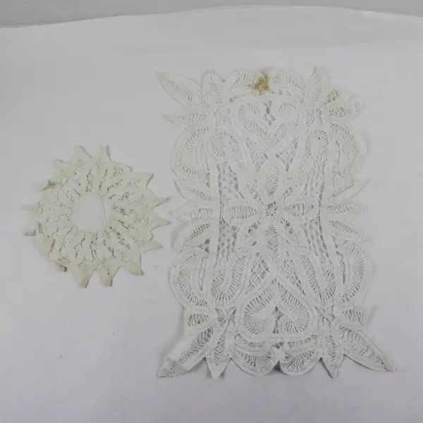Vintage Set of 2 White Battenburg Lace Table Runner Dresser Scarf & Doily