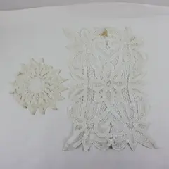 Vintage Set of 2 White Battenburg Lace Table Runner Dresser Scarf & Doily