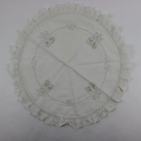Round Embroidered Linen Doily 18.5in White Tatted Lace Edge