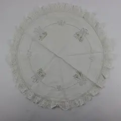 Round Embroidered Linen Doily 18.5in White Tatted Lace Edge