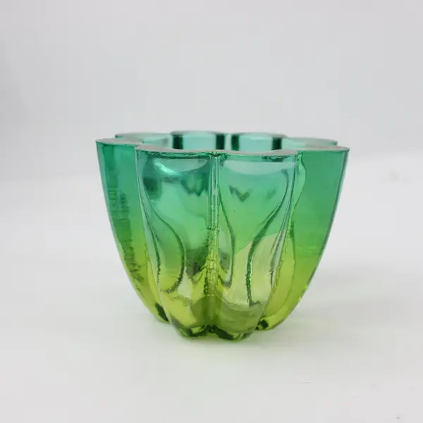 Green Glass Lotus Flower Candle Holder Sculpted Petal Design 4.75'' Diameter