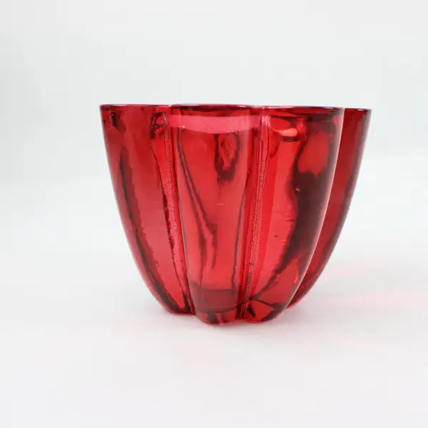 Red Glass Lotus Flower Candle Holder Sculpted Petals 4.75in