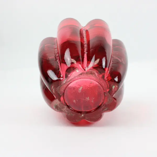 Red Glass Lotus Flower Candle Holder Sculpted Petals 4.75in