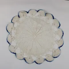 Lot of 3 Hand Crochet Blue White Round Ruffle Edge Doilies