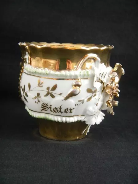 Vintage Gold Gilded Sister Tea Cup with Applied Flowers Pre-owned