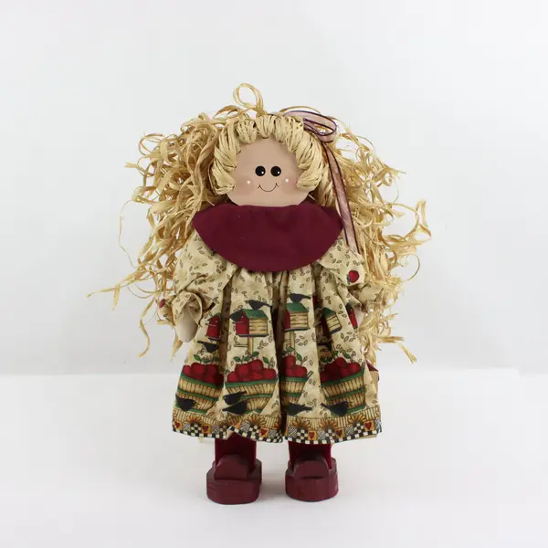 Decorative Wooden Doll Blonde Straw Hair Patterned Dress Shoes 13.5in