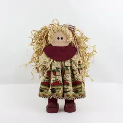 Decorative Wooden Doll Blonde Straw Hair Patterned Dress Shoes 13.5in