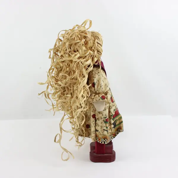 Decorative Wooden Doll Blonde Straw Hair Patterned Dress Shoes 13.5in