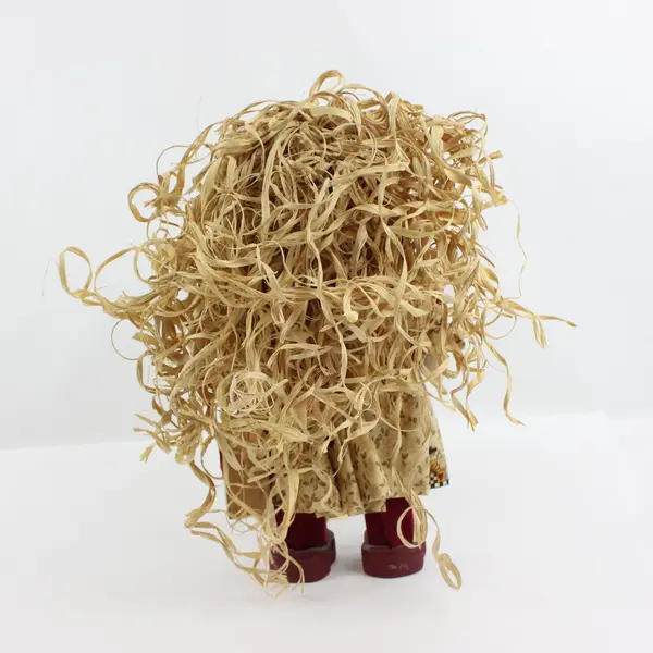 Decorative Wooden Doll Blonde Straw Hair Patterned Dress Shoes 13.5in