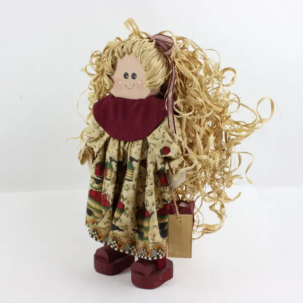 Decorative Wooden Doll Blonde Straw Hair Patterned Dress Shoes 13.5in