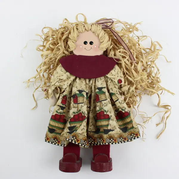 Decorative Wooden Doll Blonde Straw Hair Patterned Dress Shoes 13.5in