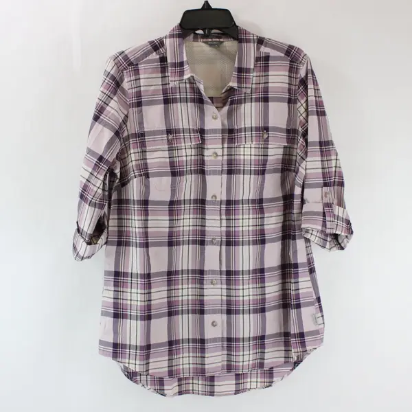 Eddie Bauer Women's Medium Purple Plaid Button Down Tab Sleeve Shirt