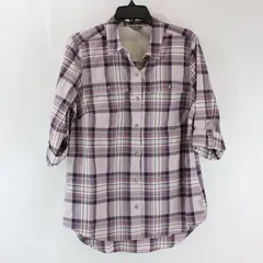 Eddie Bauer Women's Medium Purple Plaid Button Down Tab Sleeve Shirt