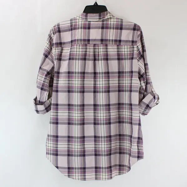 Eddie Bauer Women's Medium Purple Plaid Button Down Tab Sleeve Shirt