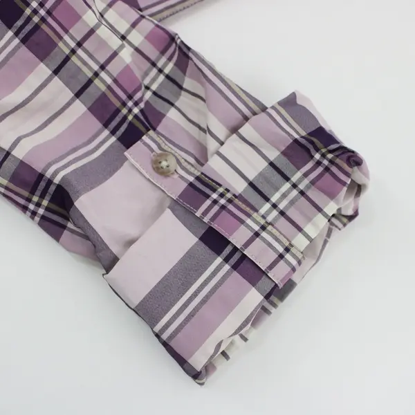 Eddie Bauer Women's Medium Purple Plaid Button Down Tab Sleeve Shirt