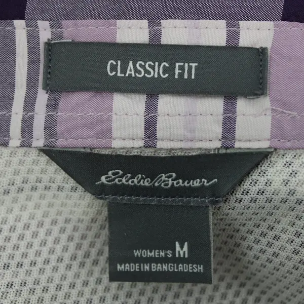 Eddie Bauer Women's Medium Purple Plaid Button Down Tab Sleeve Shirt