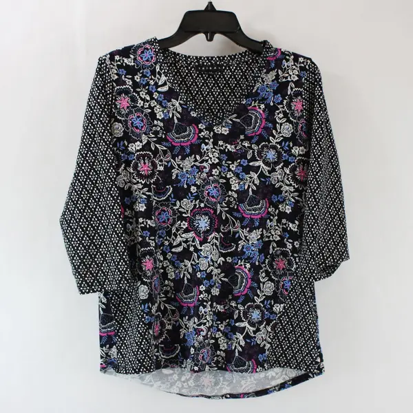 Tribal Women's Small Purple Blue Floral 3/4-Sleeve V-Neck Top