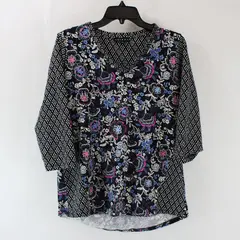 Tribal Women's Small Purple Blue Floral 3/4-Sleeve V-Neck Top