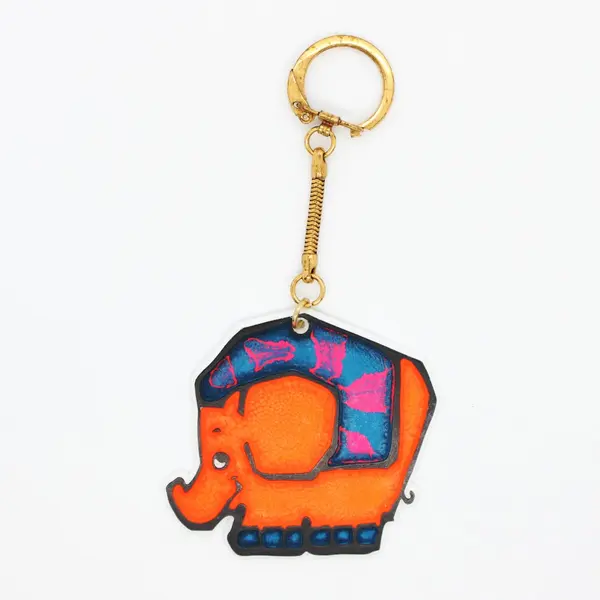 Elephant-Shaped Keychain Blue/Orange Metal Chain, Collectible