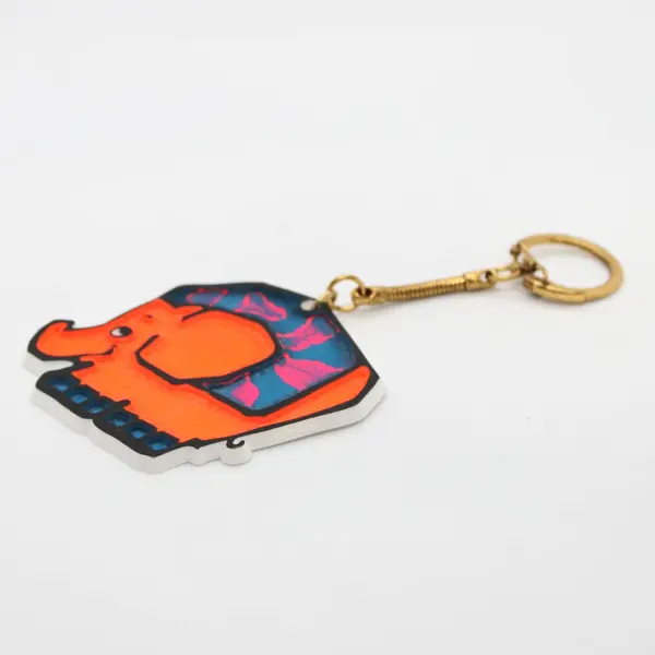 Elephant-Shaped Keychain Blue/Orange Metal Chain, Collectible