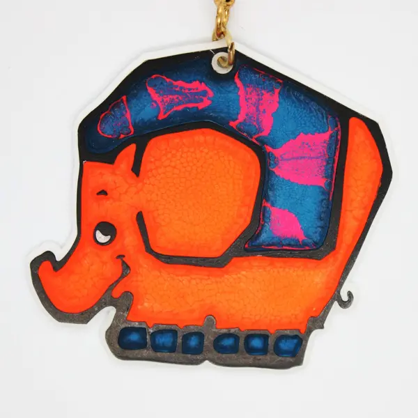 Elephant-Shaped Keychain Blue/Orange Metal Chain, Collectible