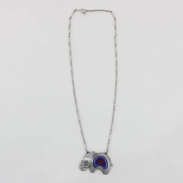 Art Deco Silver-Tone Elephant Pendant Necklace Blue Red Accents 13 Inch