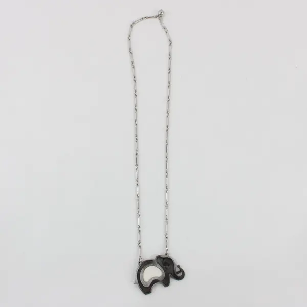 Art Deco Silver-Tone Elephant Pendant Necklace Blue Red Accents 13 Inch