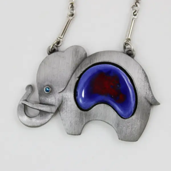 Art Deco Silver-Tone Elephant Pendant Necklace Blue Red Accents 13 Inch