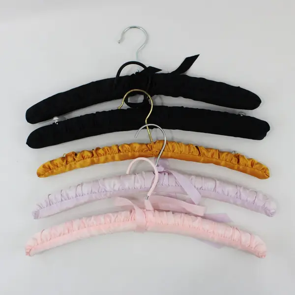 Lot of 5 Padded Fabric-Covered Clothes Hangers Black Pink Gold Lavender