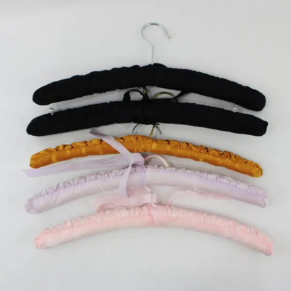Lot of 5 Padded Fabric-Covered Clothes Hangers Black Pink Gold Lavender