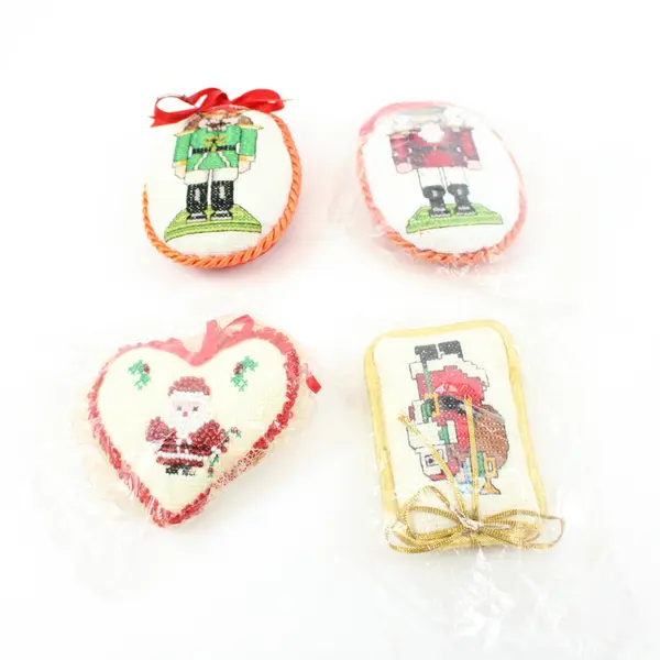Lot of 4 Christmas Needlepoint Ornaments 2 Nutcrackers 2 Santas