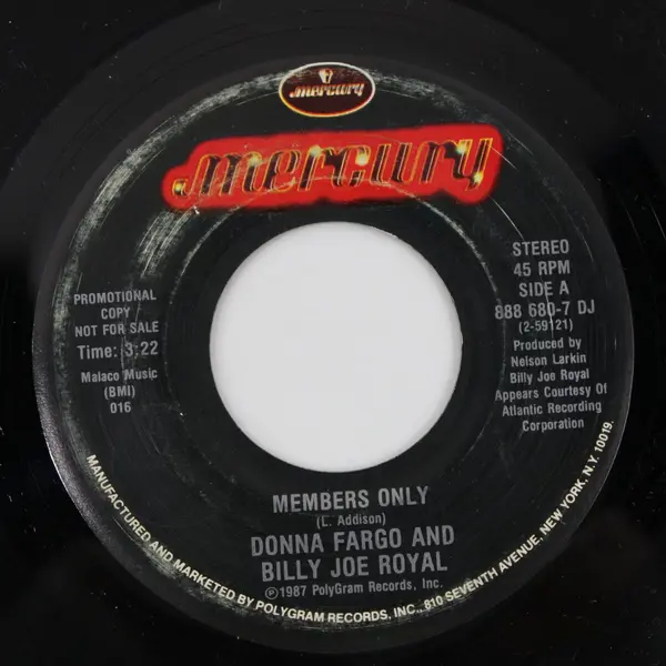 Mercury Members Only Donna Fargo Billy Joe Royal 7" Promo Vinyl 888 680-7 DJ
