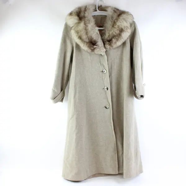 Women's Beige Wool Blend Trench Coat Faux Fur Collar Women's Medium FLAWED