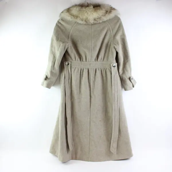 Women's Beige Wool Blend Trench Coat Faux Fur Collar Women's Medium FLAWED