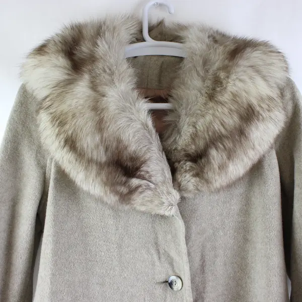 Women's Beige Wool Blend Trench Coat Faux Fur Collar Women's Medium FLAWED