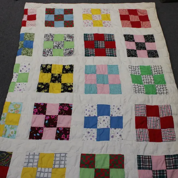 Hand Made Off-White Quilted Multicolor Multipattern Blanket 96 x 81 in