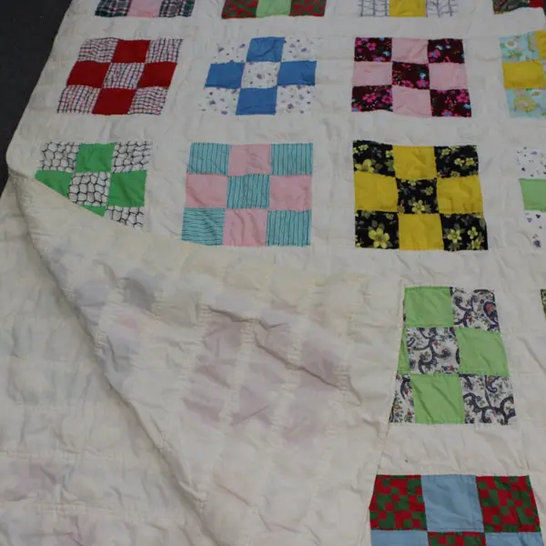 Hand Made Off-White Quilted Multicolor Multipattern Blanket 96 x 81 in