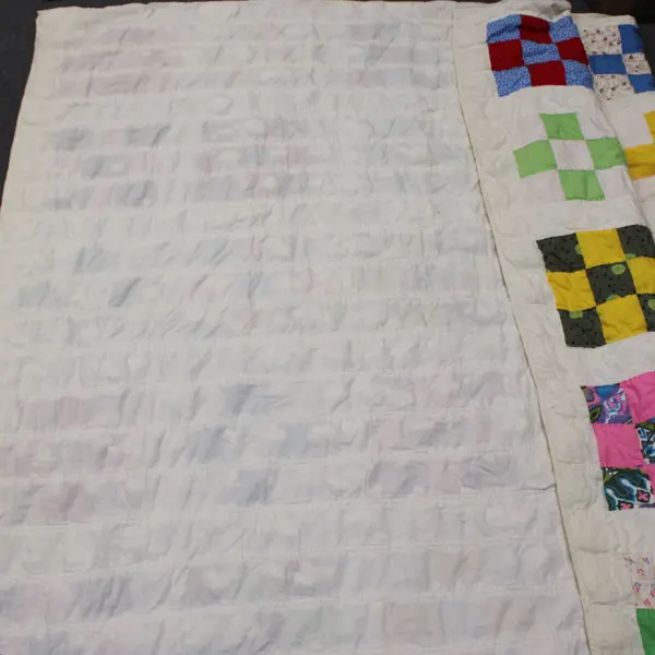 Hand Made Off-White Quilted Multicolor Multipattern Blanket 96 x 81 in