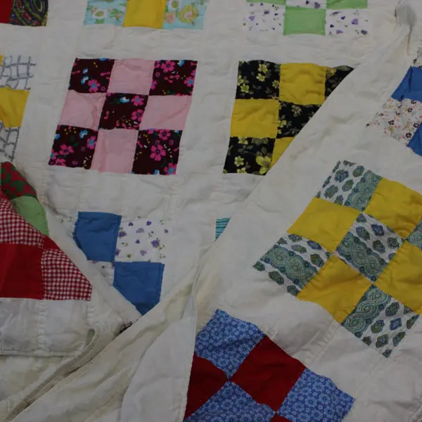 Hand Made Off-White Quilted Multicolor Multipattern Blanket 96 x 81 in